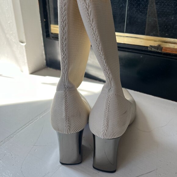 White/Cream Color Fabric Mid Heel Sock Boots Size 4 - Picture 5 of 6